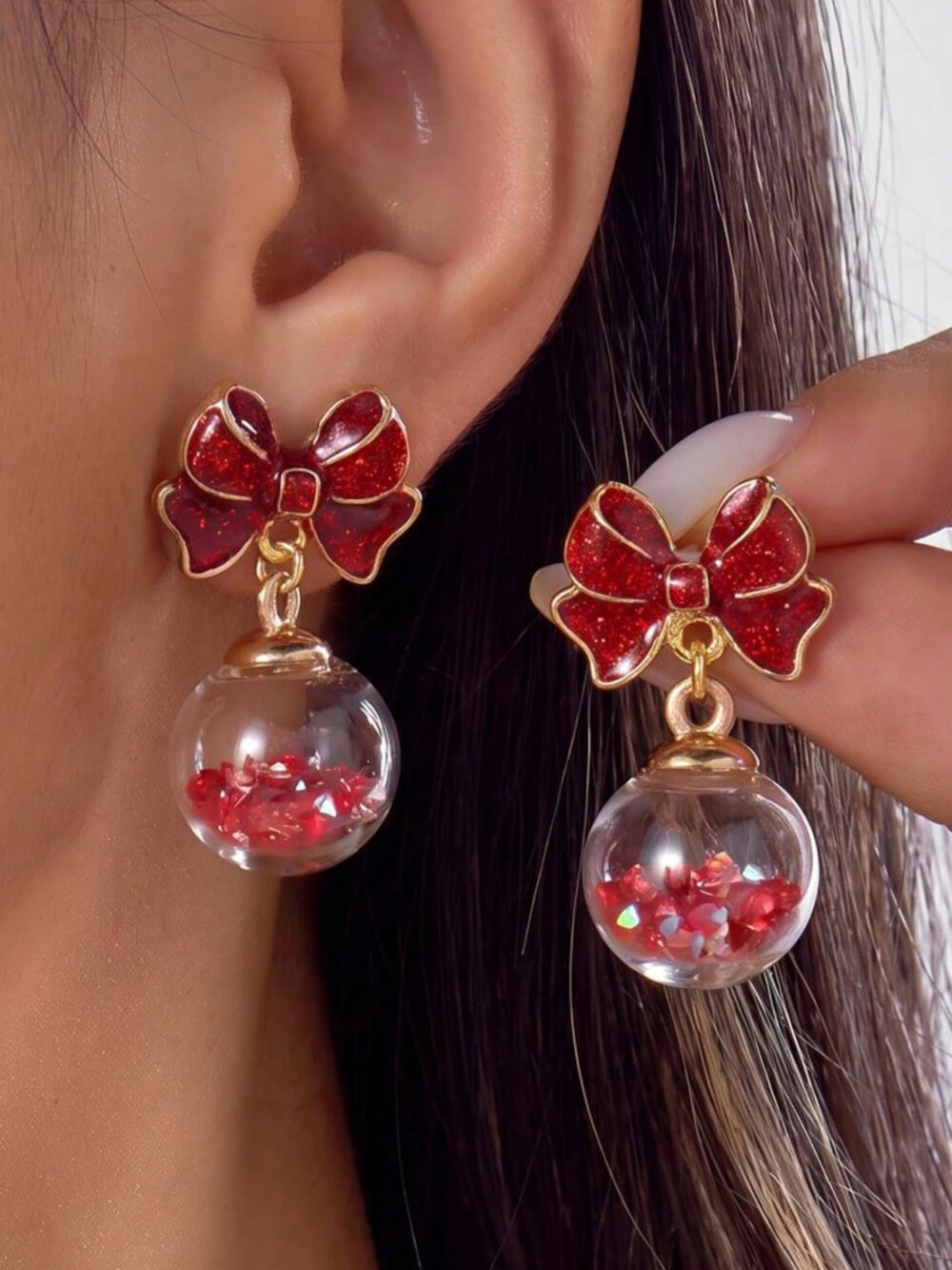 Christmas Glitter Bow Crystal Ball ornament Earrings
